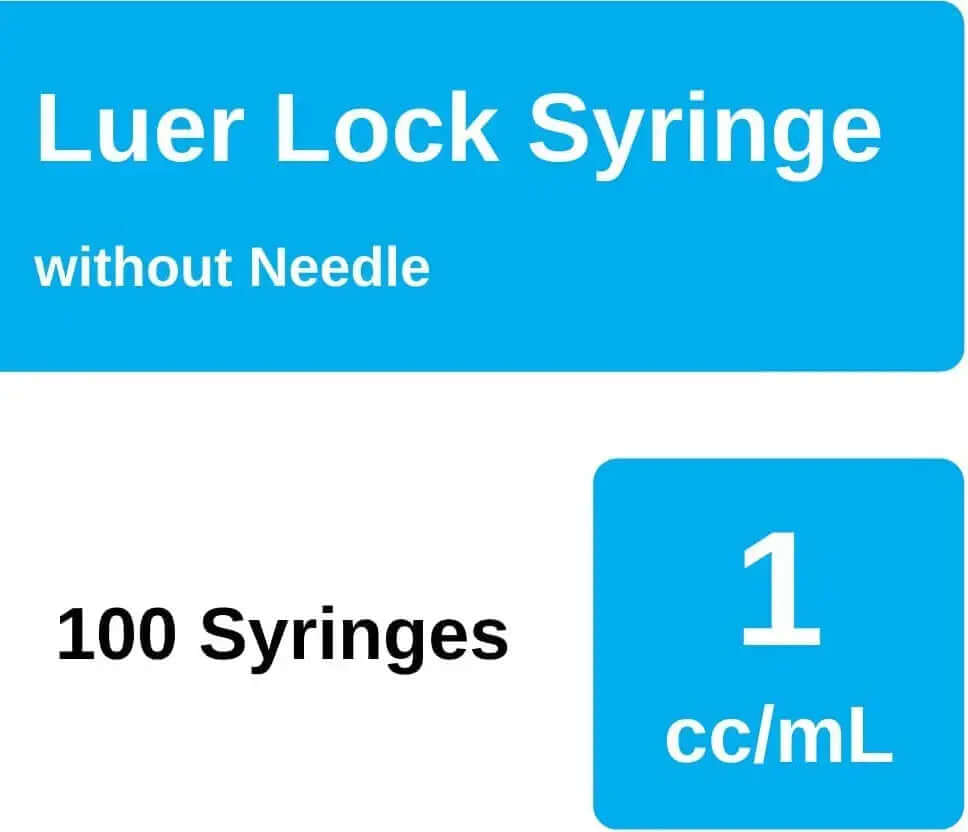 Packaging of Luer Lock Syringe 1 mL without needle, showing 100 syringes.