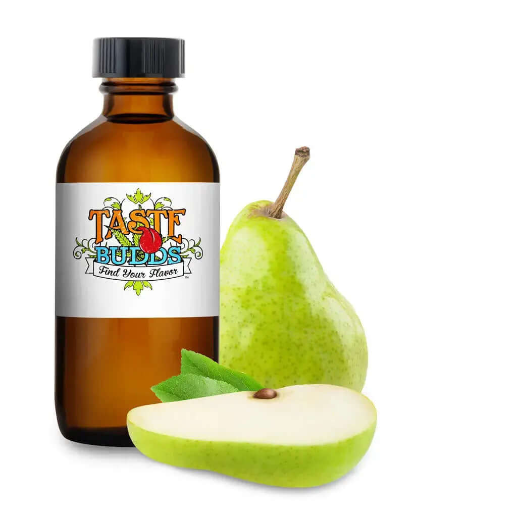 Bottle of Taste Budds 10 mL with ripe pear, highlighting Pear Terpenes flavor for culinary use.