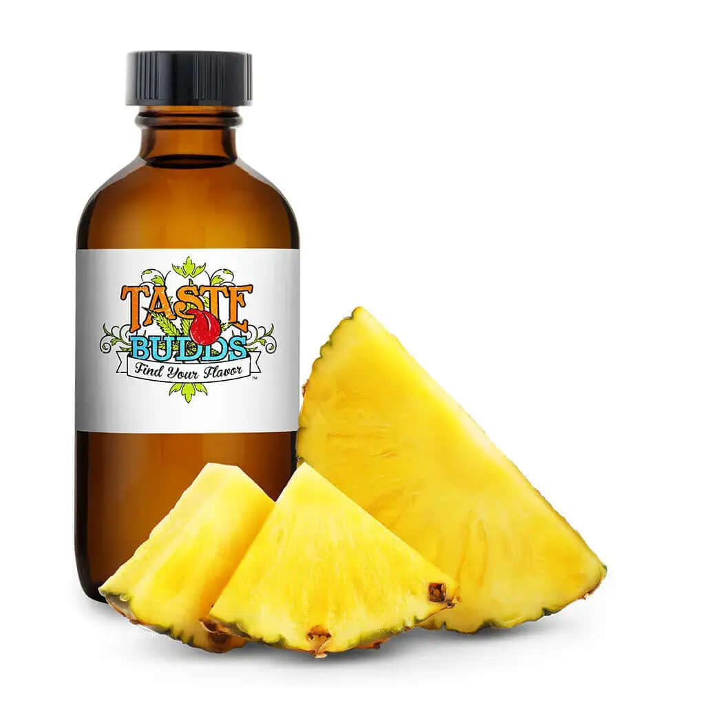 Pineapple terpenes 10 mL MCT blend bottle with fresh pineapple slices depicting tropical flavor and aroma.