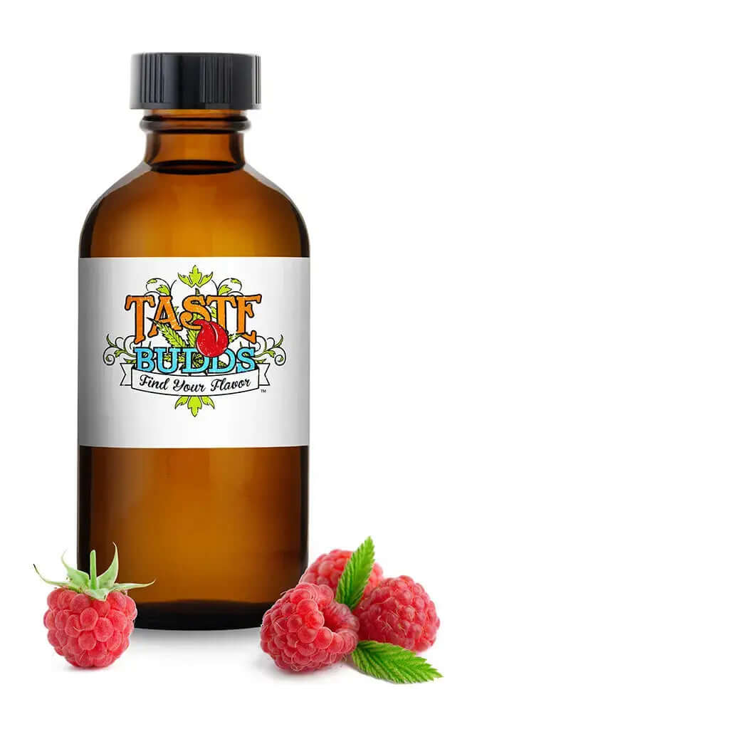 Raspberry terpenes by Taste Budds in 10 mL MCT Blend, featuring natural raspberry flavor essence in an amber bottle with fresh raspberries.