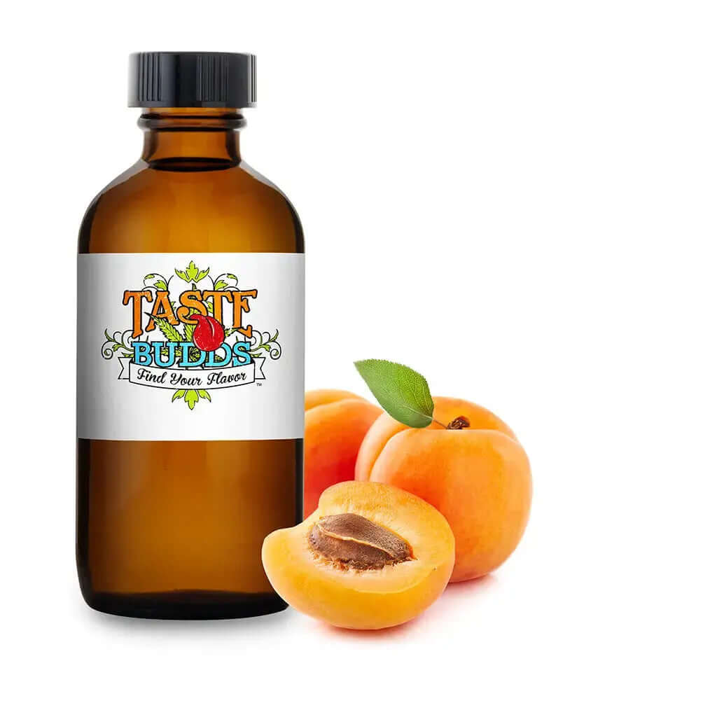 Bottle of sour apricot terpenes 10 mL MCT blend with fresh apricots in the background.