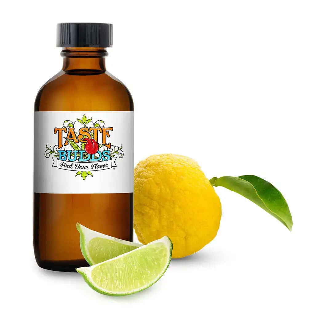 Bottle of Sweet Lime terpenes MCT blend with fresh lime slices and a lime fruit.
