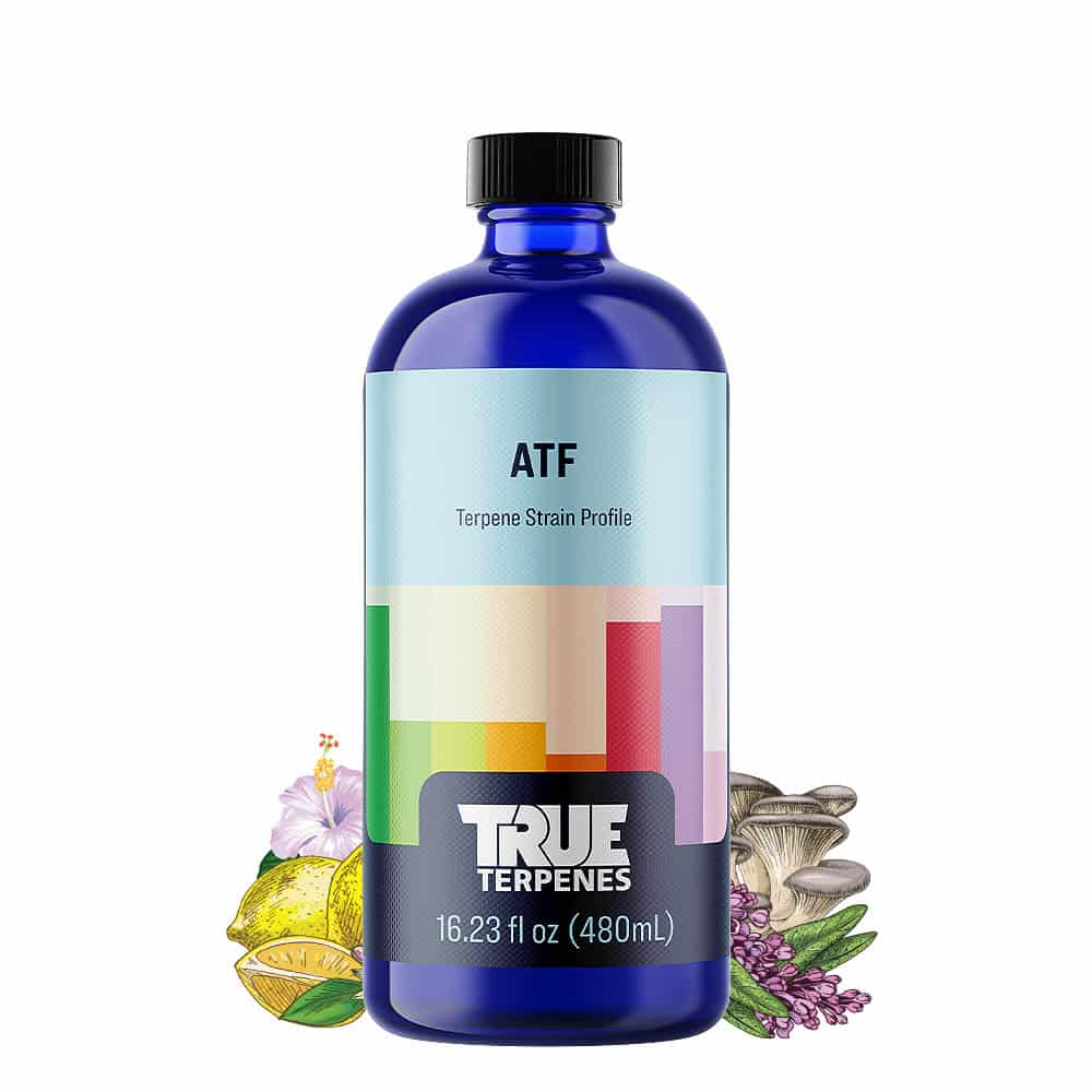 alaskan thunder fuck terpenes bottle from True Terpenes with floral, earthy, spicy, and sweet scent, labeled ATF, 16.23 fl oz