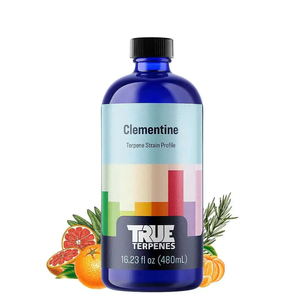 True Terpenes Clementine terpene strain profile bottle with vibrant colors and citrus fruits