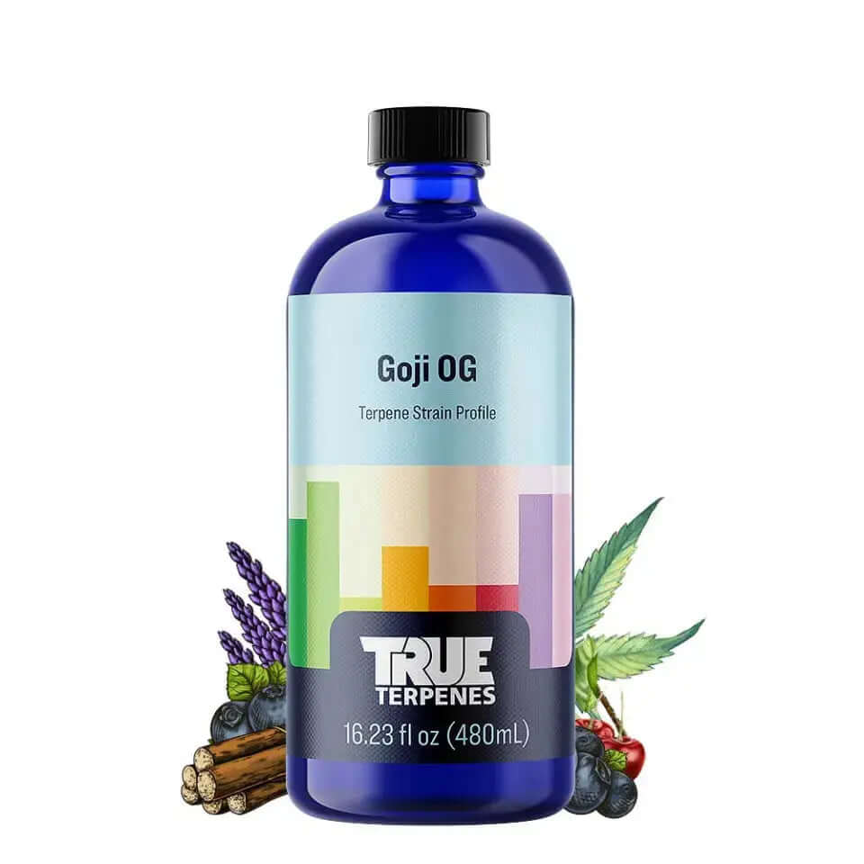 True Terpenes Goji OG 15ml bottle with goji terpenes, showing herbal, spicy, and sweet fragrance profile.