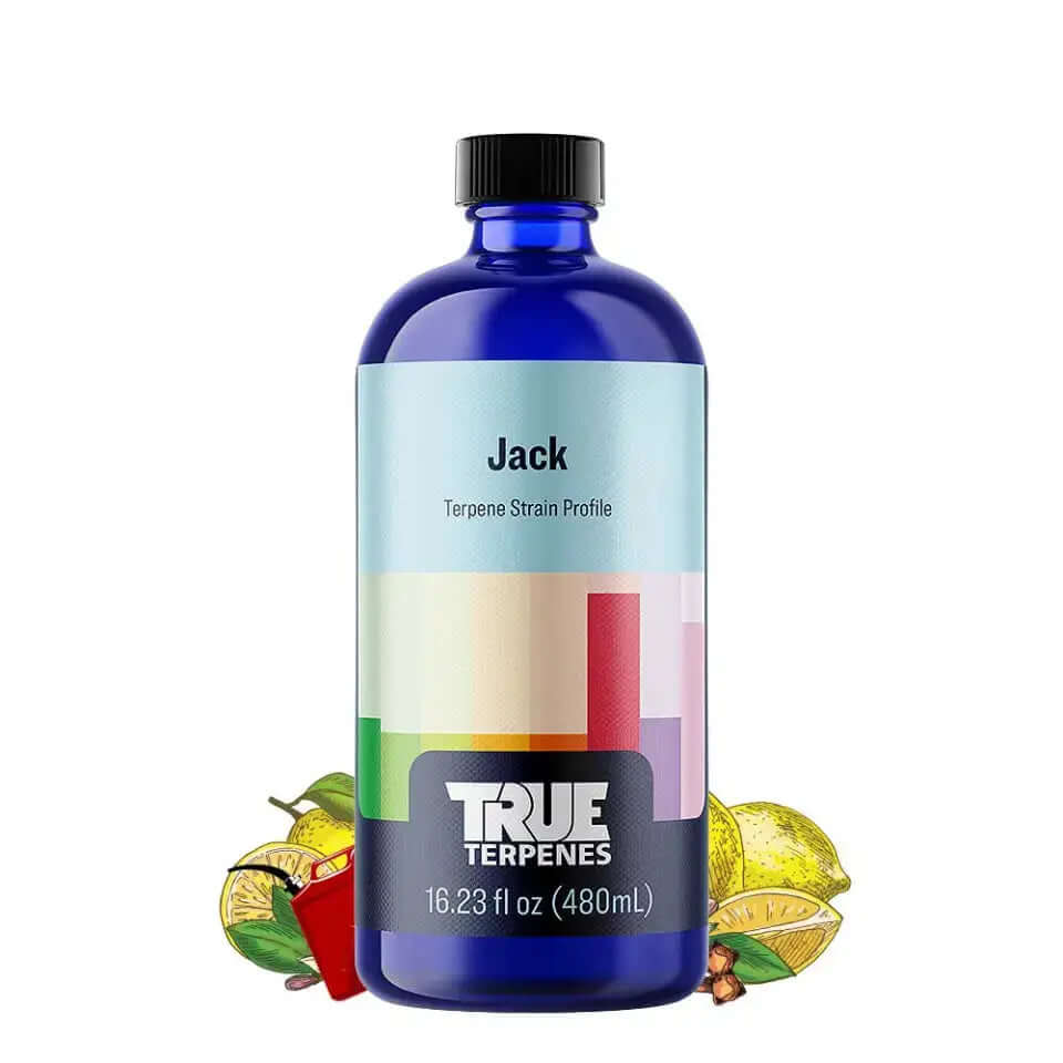 True Terpenes - Jack Herer 15ml bottle with citrus and spice illustrations.