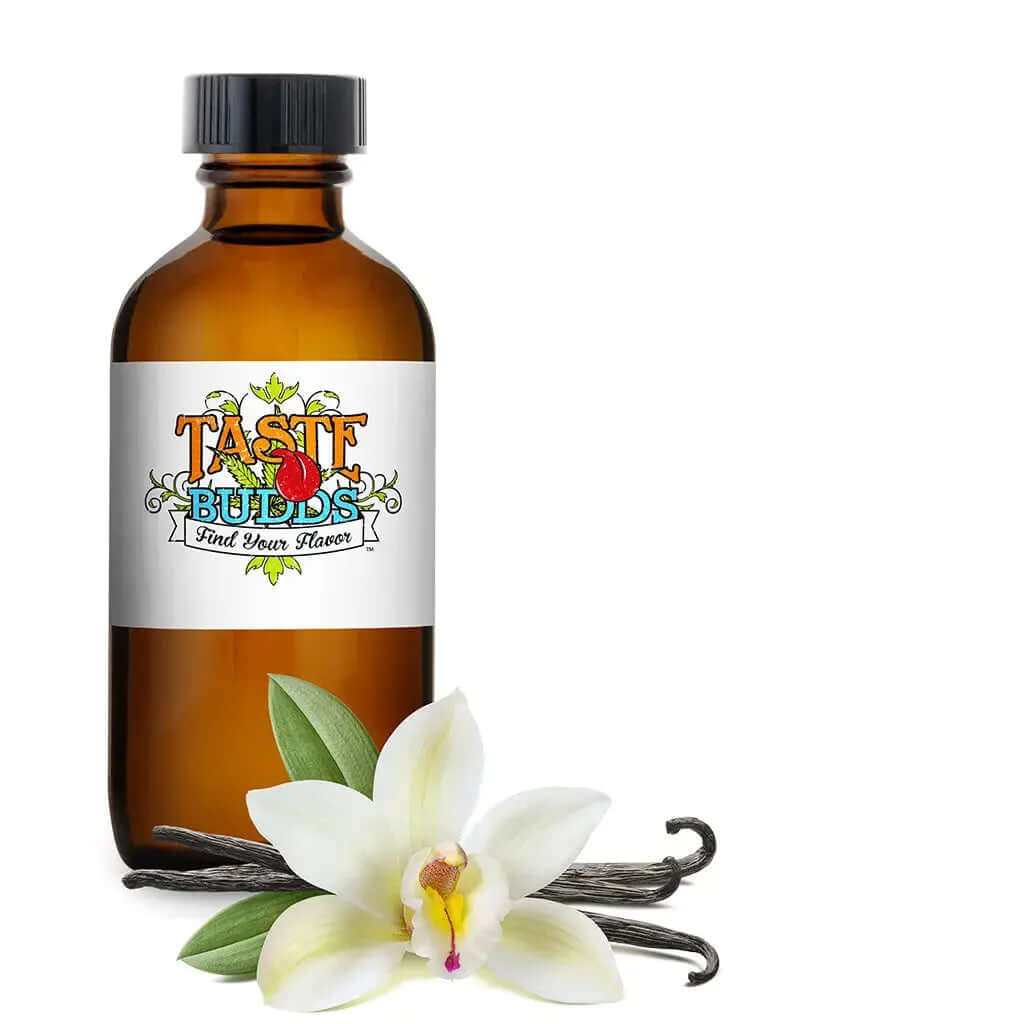 Taste Budds MCT Blend Terpenes bottled with vanilla flowers for a sensory experience.