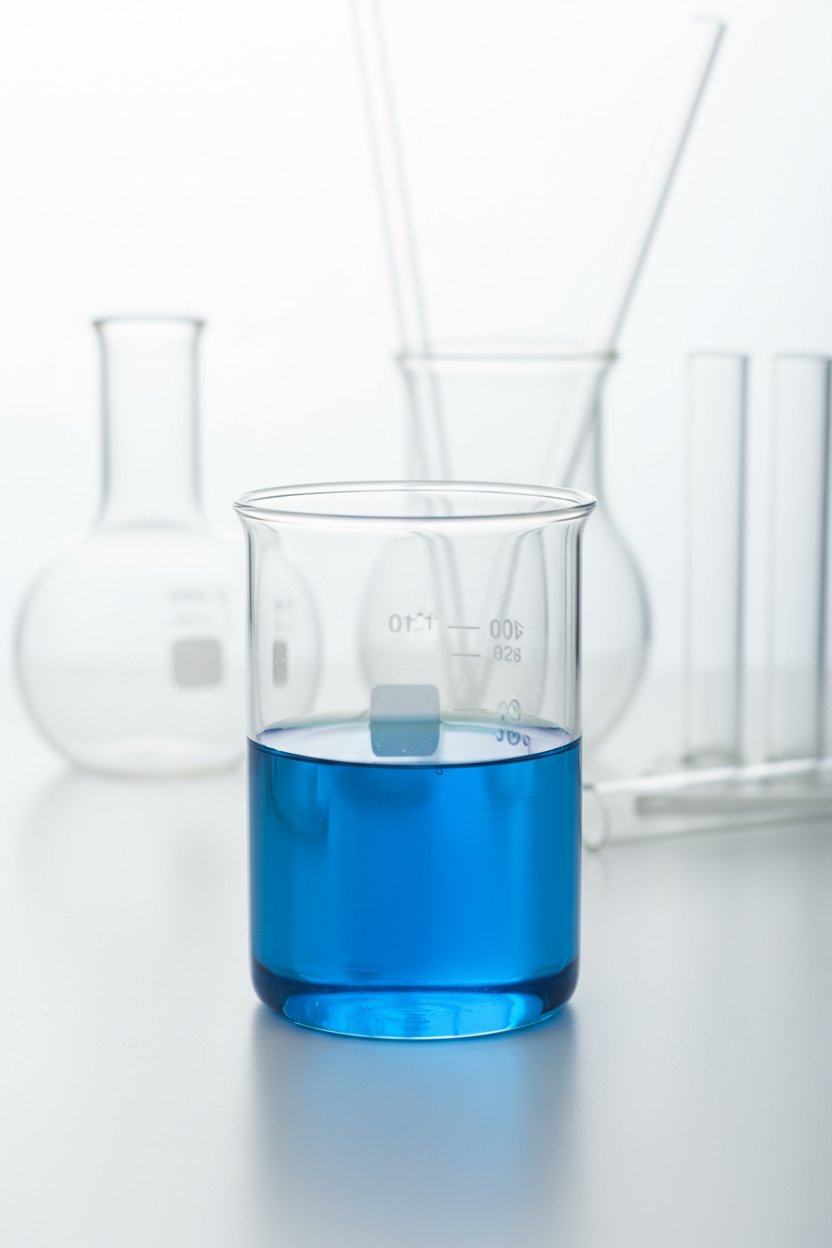 Proper Beaker and Flask Volumes with blue liquid in a laboratory setting