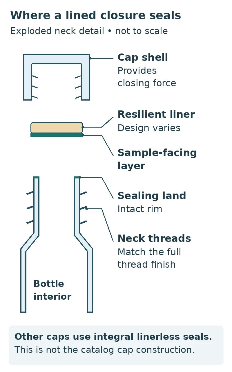 Exploded lined closure showing cap shell, liner, sample-facing layer, bottle sealing land and external threads