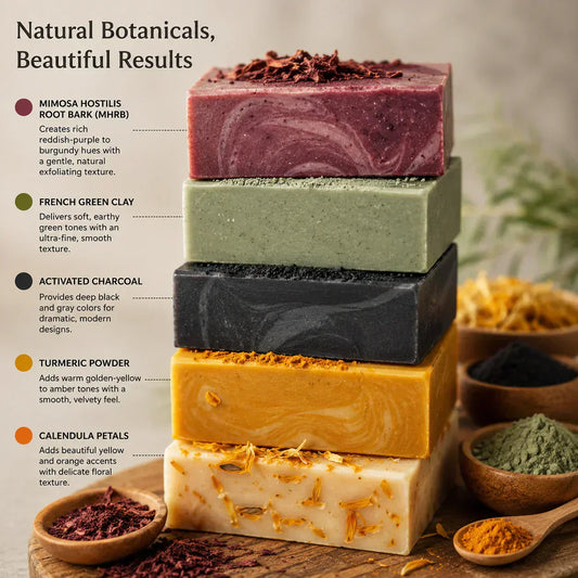 Colorful stack of cold process organic soap bars with natural botanicals. Learn how to make cold process organic soap at home.