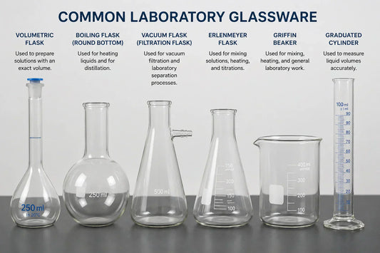 Understanding Laboratory Glassware: Various common laboratory glassware including volumetric flask, boiling flask, and more.