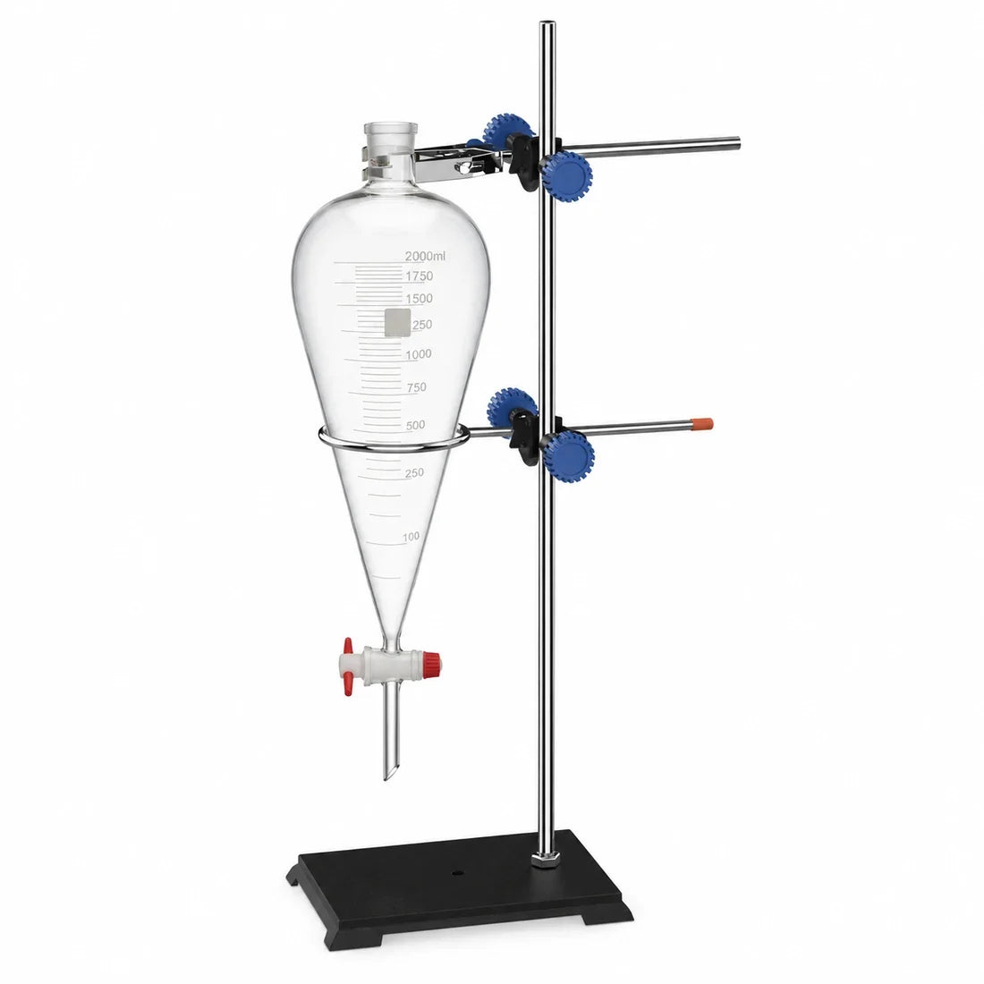 Illustrative VLS 2 L separatory funnel setup with red PTFE stopcock, support ring, upper neck clamp, two blue-knob boss head clamps, and laboratory stand