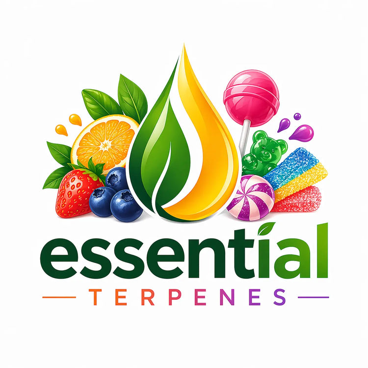 Premium Organic Essential Terpenes with fruits and candies illustration