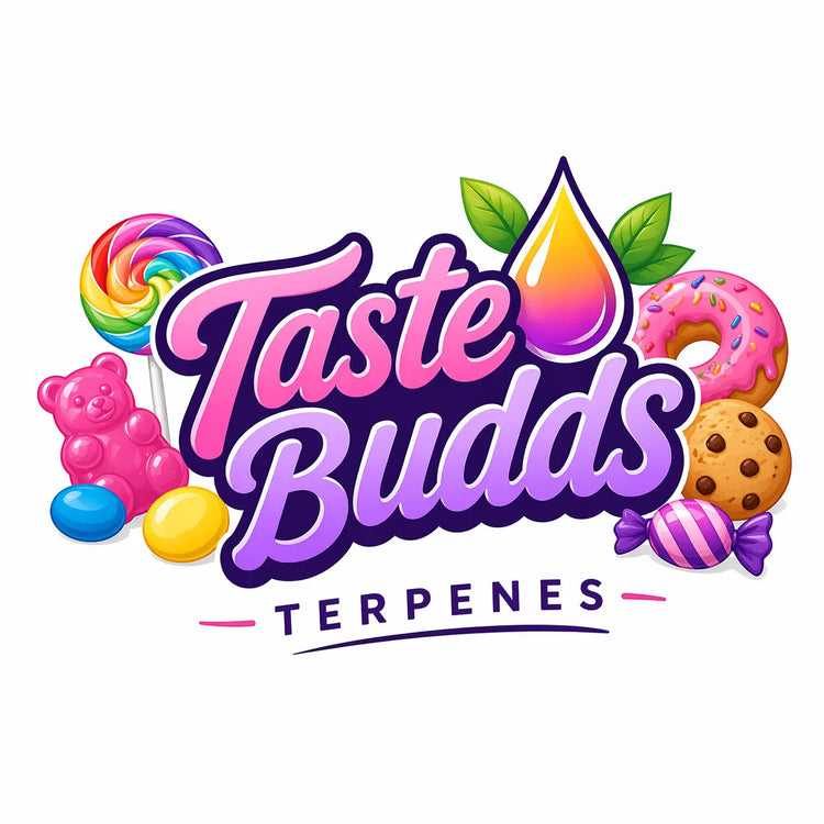 Taste Budds Terpene Organic Products logo with candy and dessert illustrations