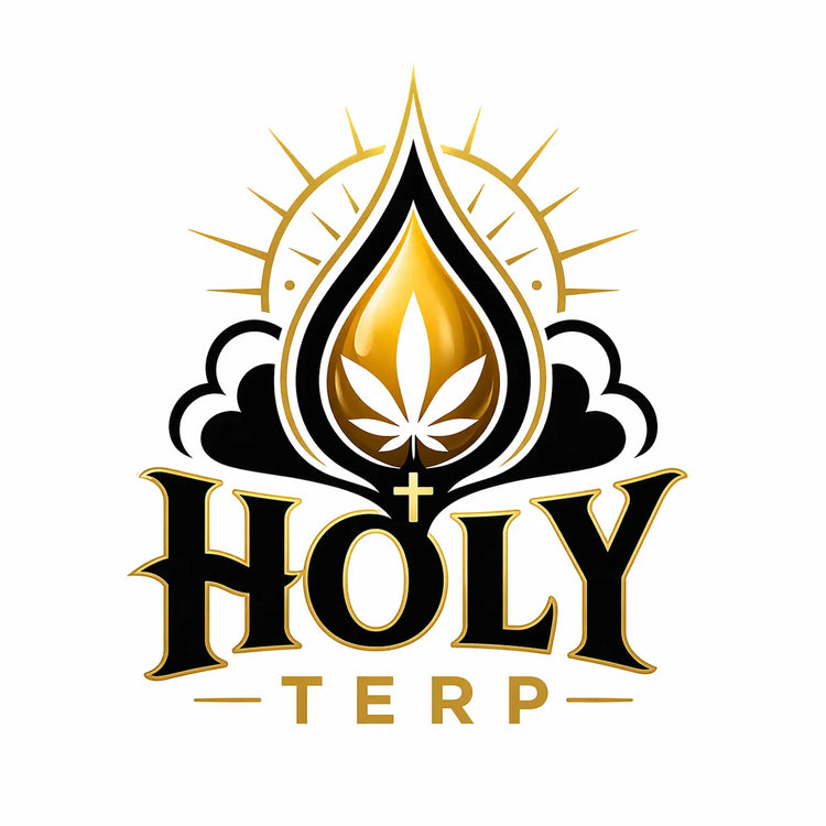 Logo of Holy Terp Organic Premium Terpenes with gold and black design featuring a terpene symbol.