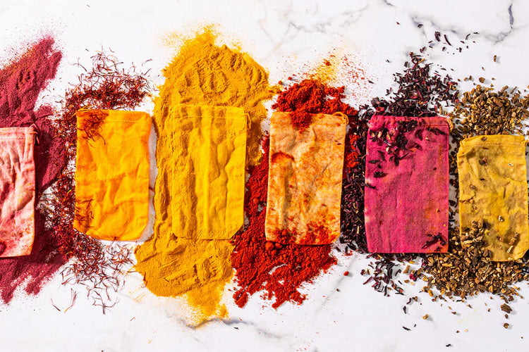 Organic Botanical Dyes for DIY tie-dye projects with natural plant-based colors on fabric swatches and powders.