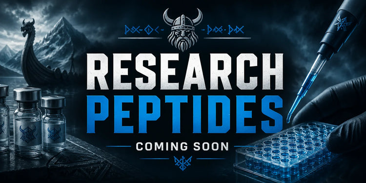High purity research only peptides advertisement with scientific imagery and a Viking theme, emphasizing quality and precision.