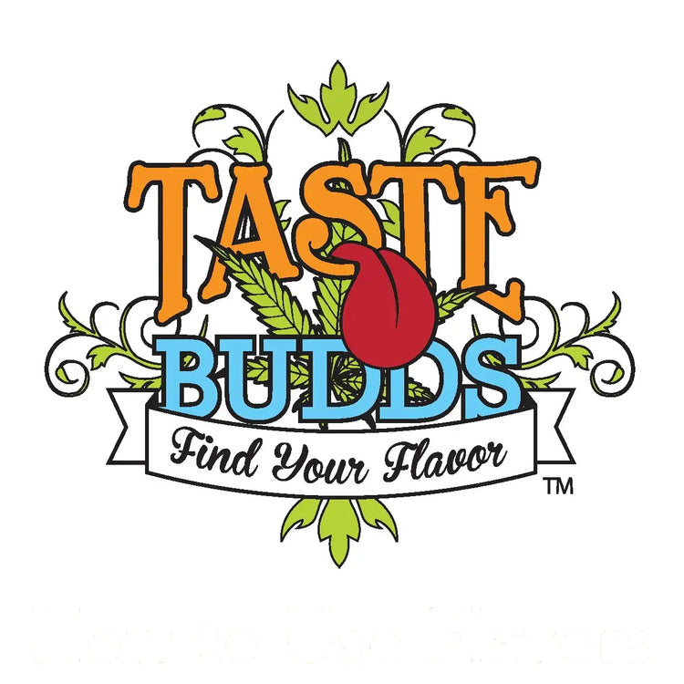 Taste Budds MCT Terpenes logo featuring vibrant botanical design and the slogan 'Find Your Flavor.'