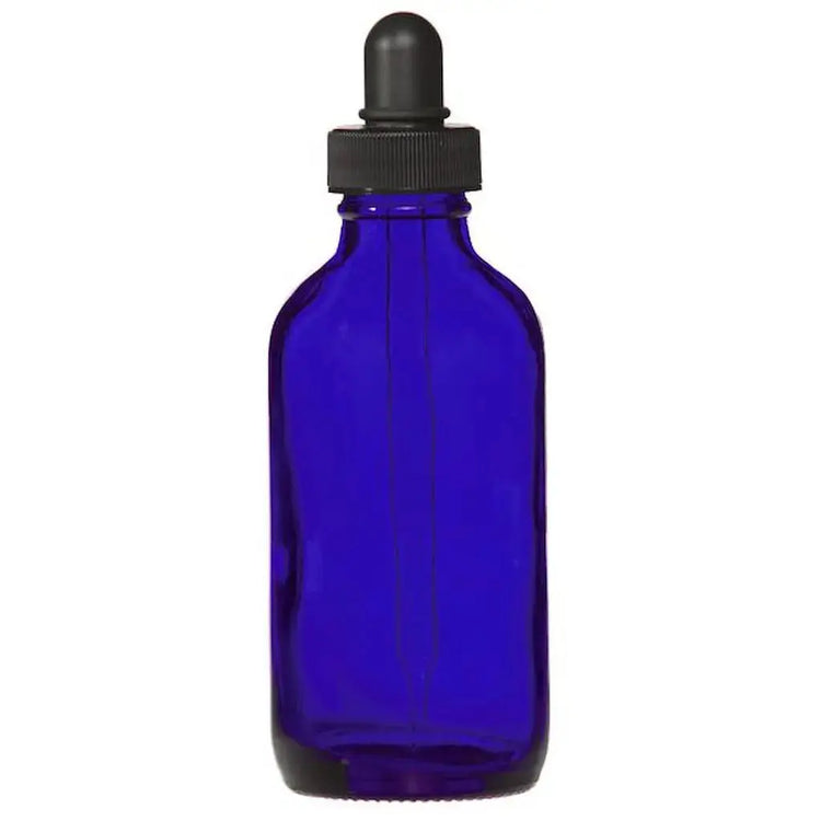 Blue glass container for extracts and concentrates with dropper lid.