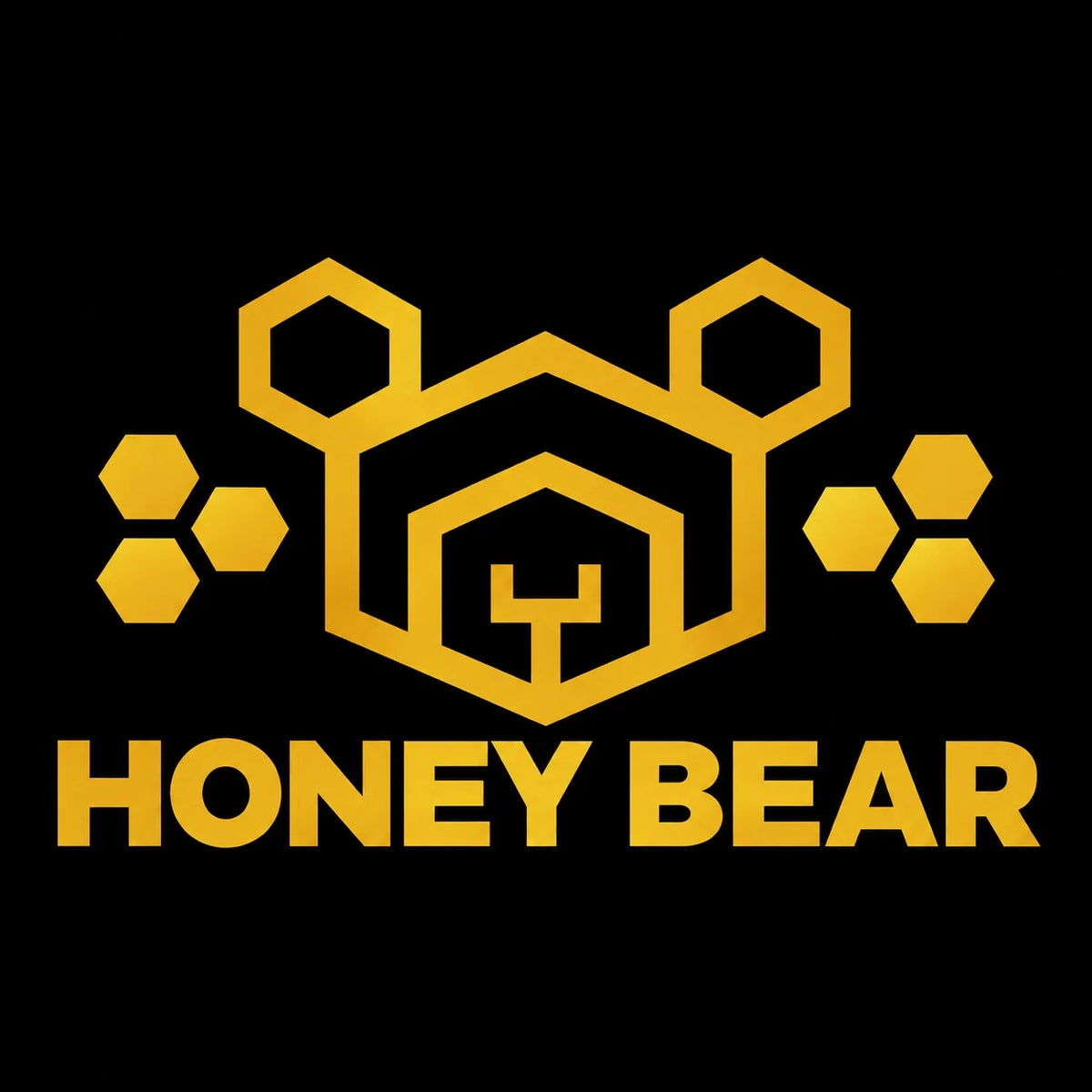 Gold Honey Bear logo with geometric bear and honeycomb accents on a black background
