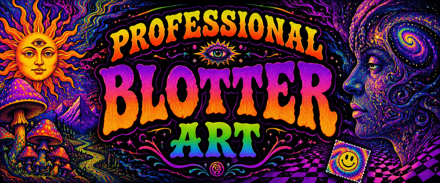 Psychedelic Blotter Art with vibrant colors and mystical designs featuring sun, mushrooms, and a smiley face representing psychedelic themes.