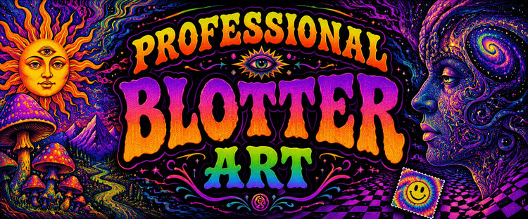 Psychedelic Blotter Art with vibrant colors and mystical designs featuring sun, mushrooms, and a smiley face representing psychedelic themes.