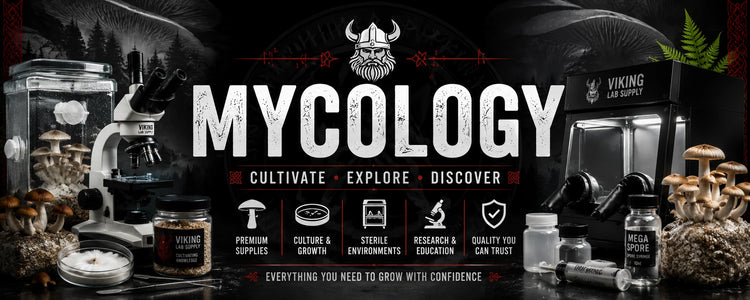 Mycology Supplies for DIY cultivation featuring tools like microscopes, sterile jars, and growth chambers for fungi exploration.