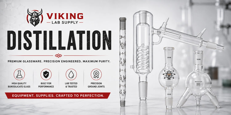 Distillation Equipment displayed at Viking Lab Supply with high-quality borosilicate glassware and precision ground joints.