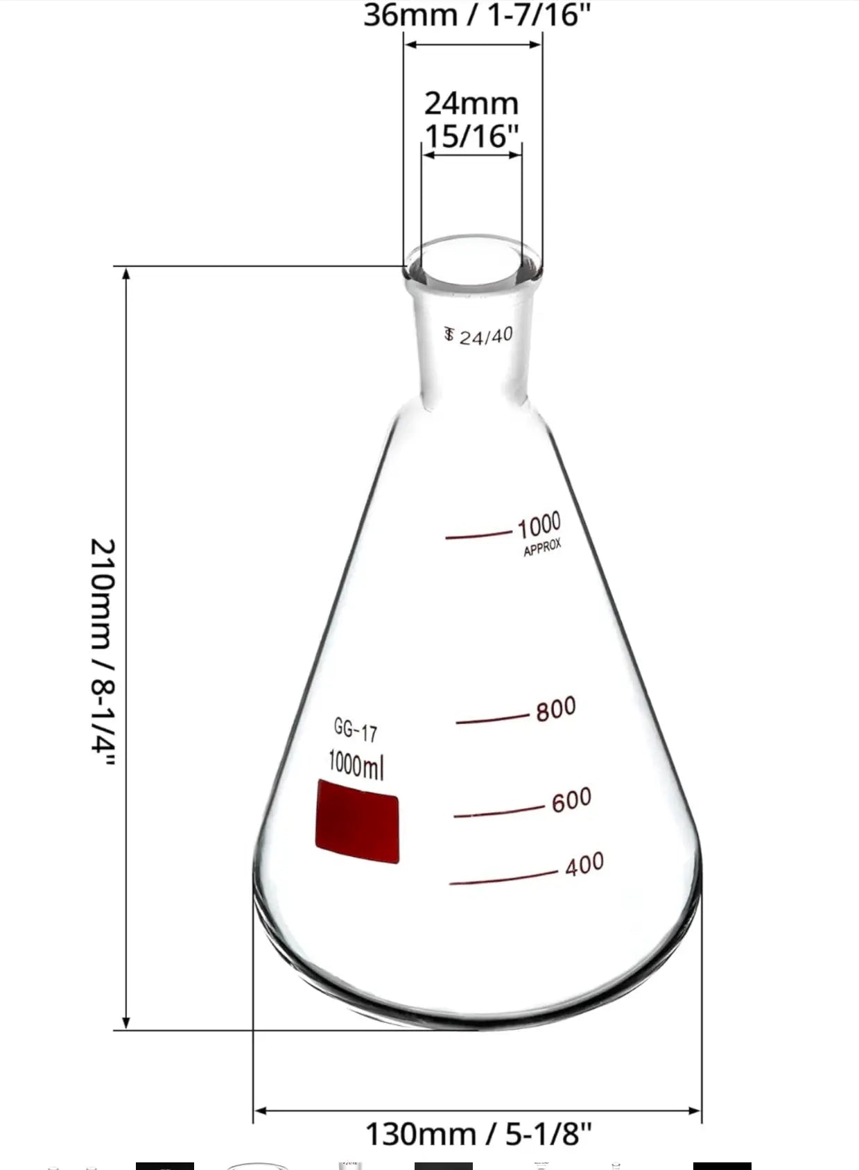 Borosilicate 1000ml Erlenmeyer flask with 24/40 connector, high-quality glassware for laboratory use.
