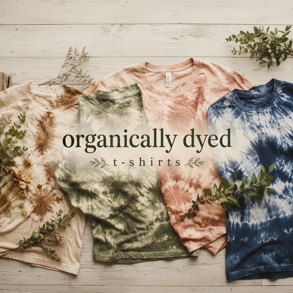 Organic tie dye shirts pure cotton in various colors displayed on a wooden surface with greenery accents.