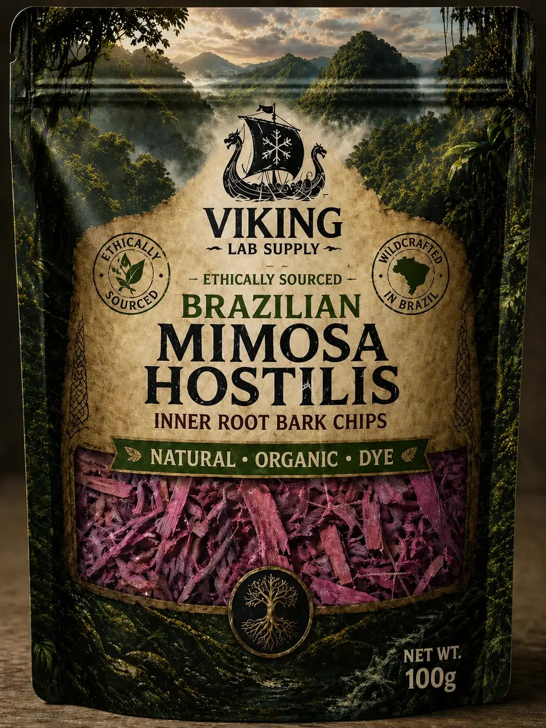 Package of mimosa hostilis root bark MHRB, natural and organic, 100g, ethically sourced in Brazil by Viking Lab Supply.