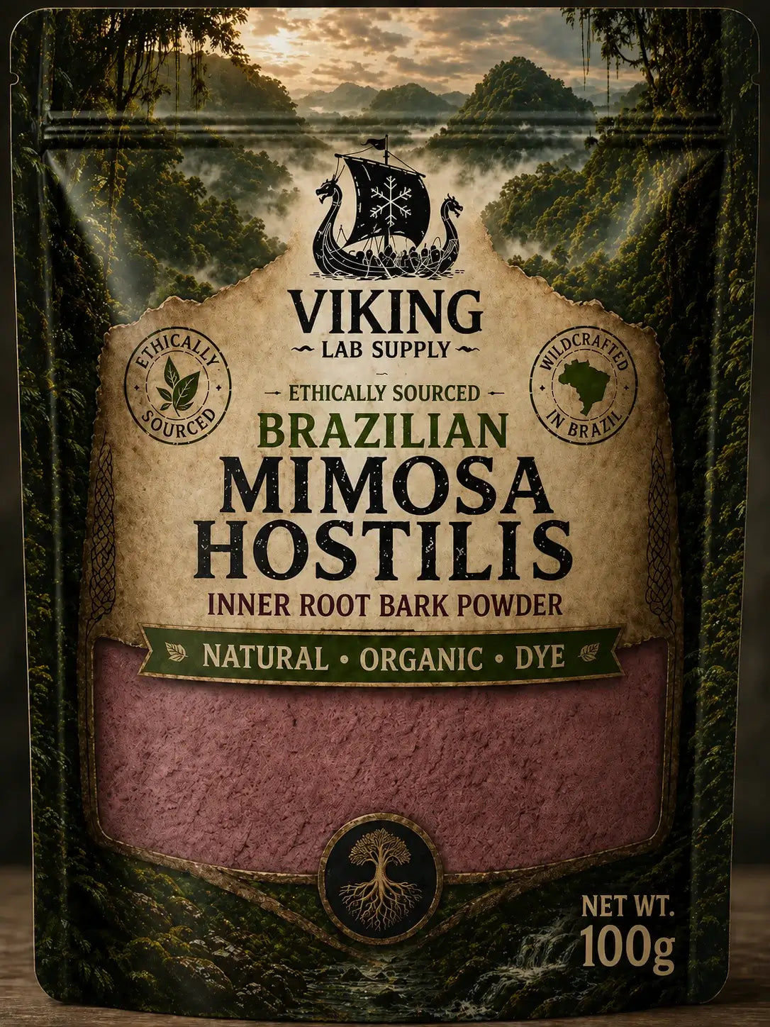 Package of Brazilian mimosa hostilis root bark mhrb powder, 100g, natural and organic dye with ethically sourced label