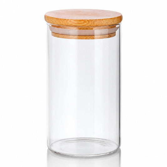 Glass Jar with Wooden Lid 10oz ideal for storage and homemade candles, showcasing elegant clear glass and natural wood construction.