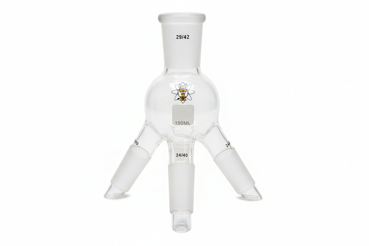 Glass short path distillation receivers with a main 29/42 joint and multiple 24/40 joints, ideal for laboratory distillation processes.