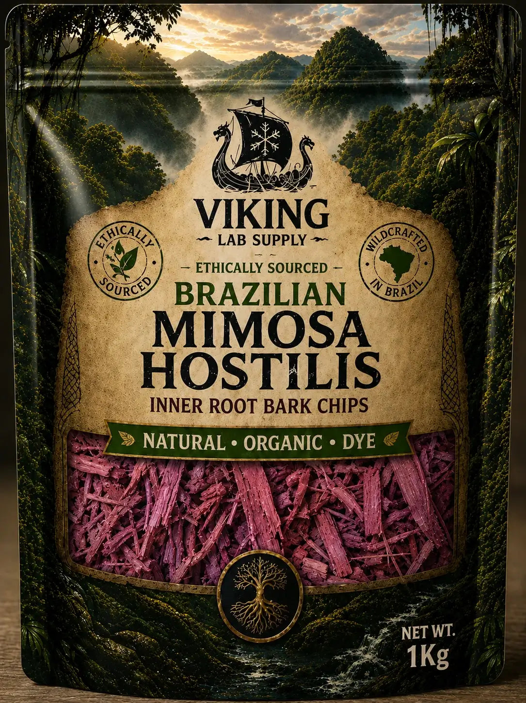 Mimosa hostilis root bark MHRB, natural dye chips, 1kg package from Viking Lab Supply, ethically sourced and handcrafted in Brazil.