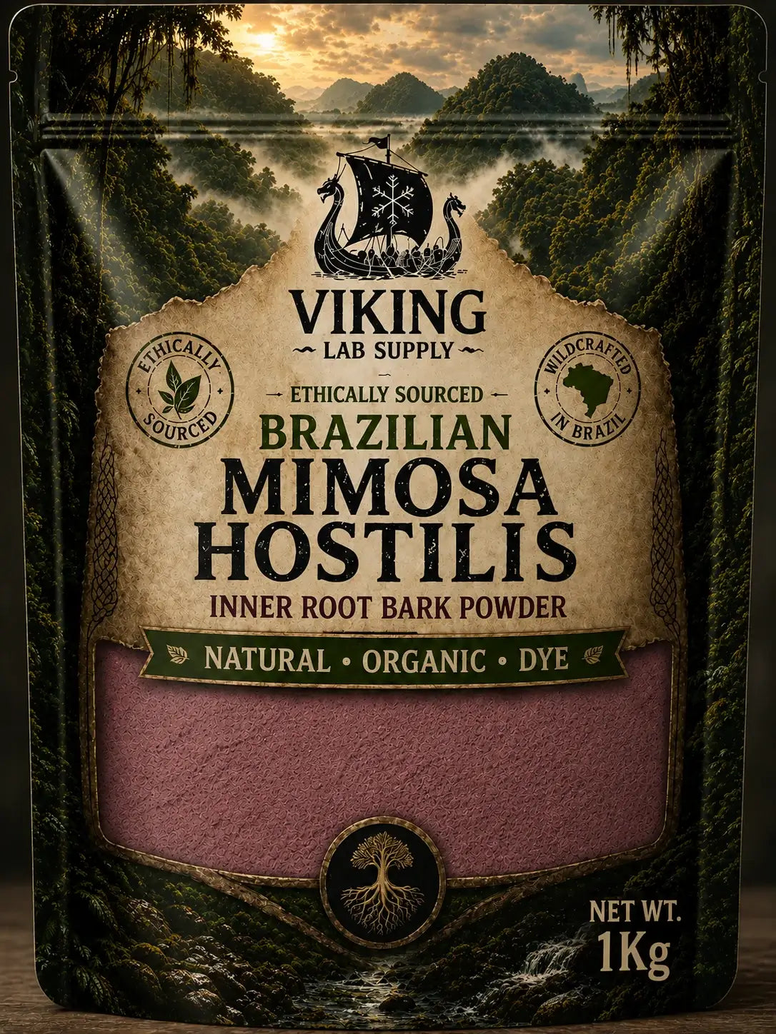 Mimosa hostilis root bark MHRB powder 1kg package, ethically sourced, natural dye from Brazil.