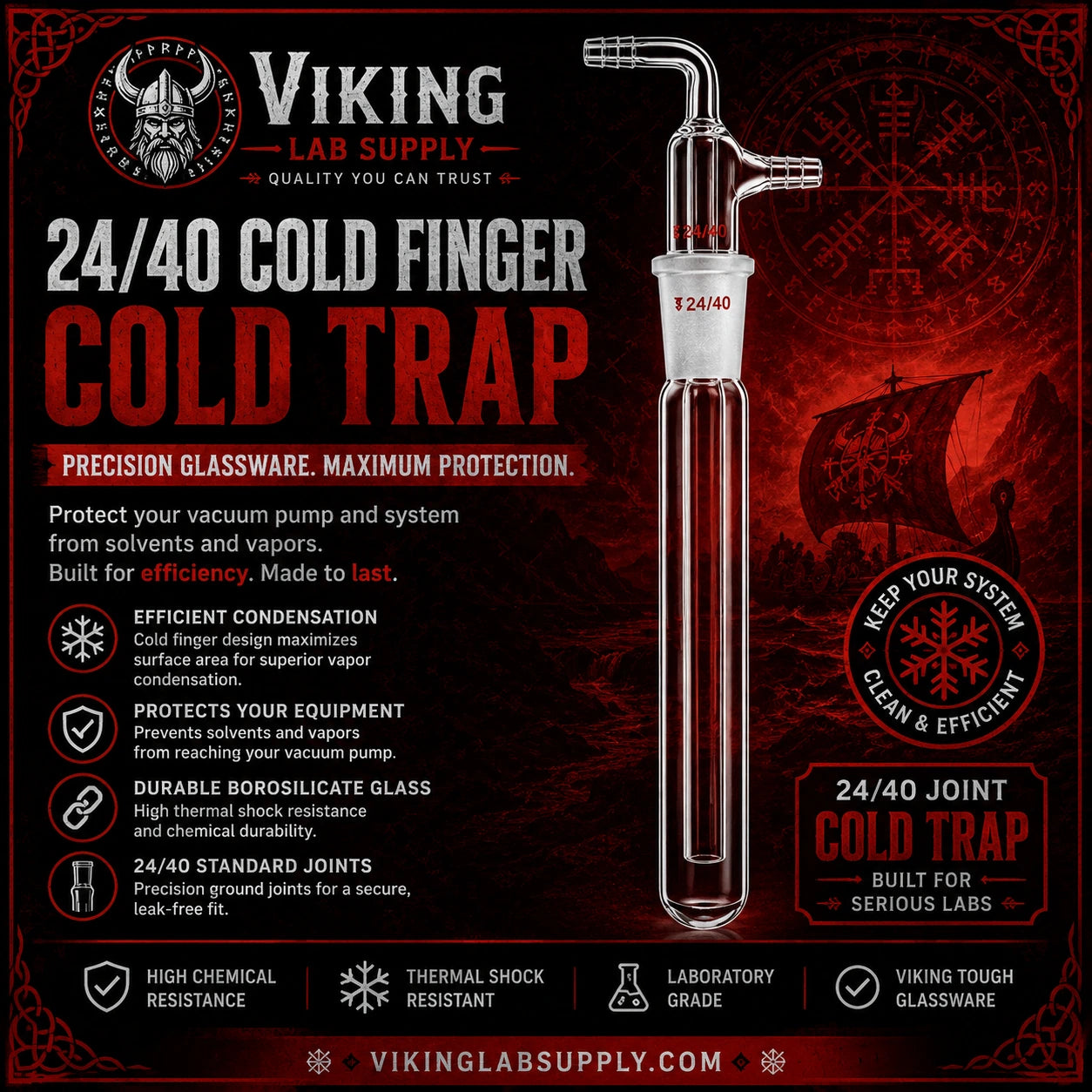 A promotional graphic for a Viking Lab Supply 24/40 Cold Finger Cold Trap, showing a clear glass vacuum pump trap with a white plastic collar and metal T-fitting, set against a dark red Viking-themed background with text detailing its features.