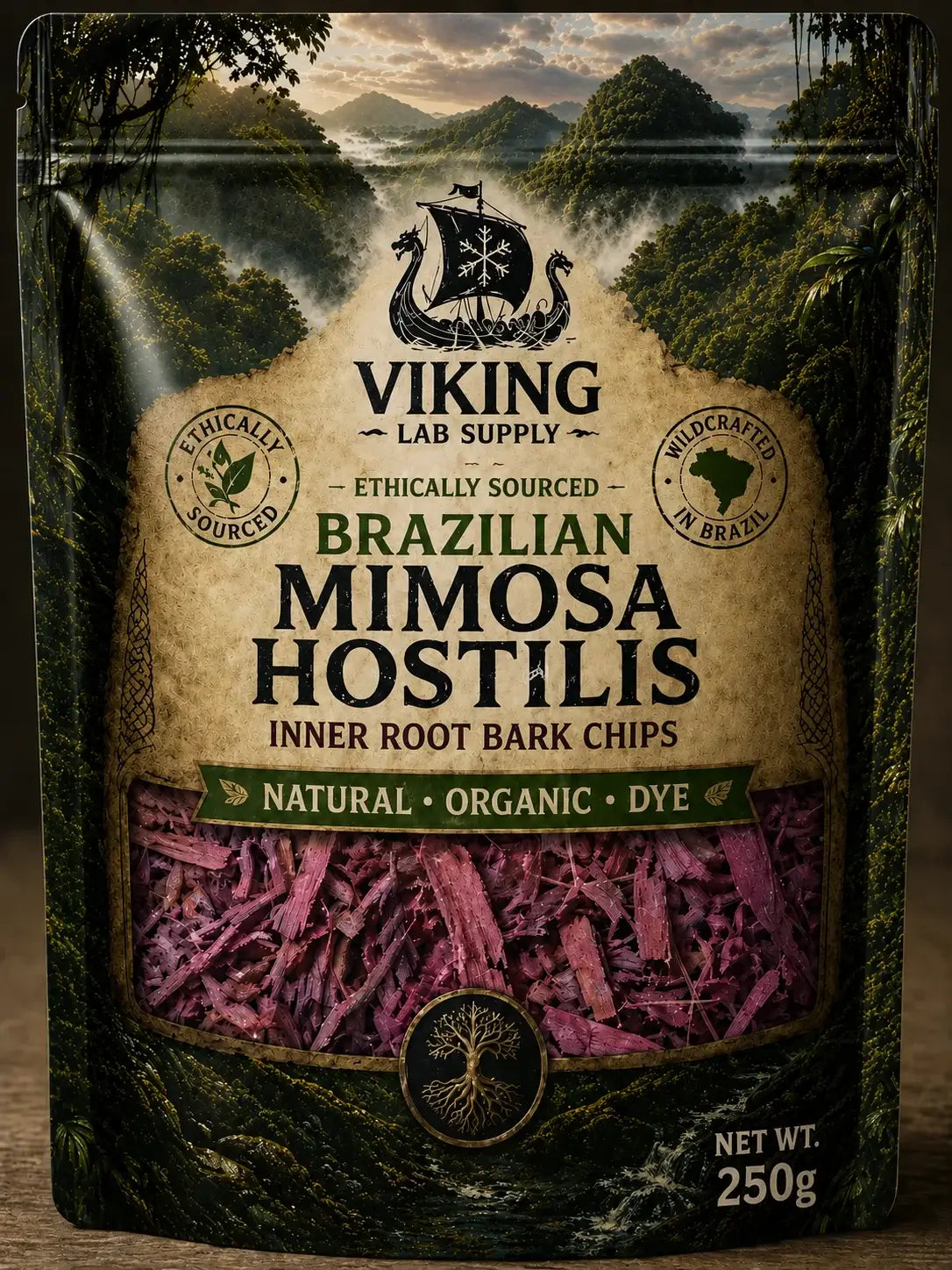 Package of Brazilian mimosa hostilis root bark MHRB dye chips, 250g.