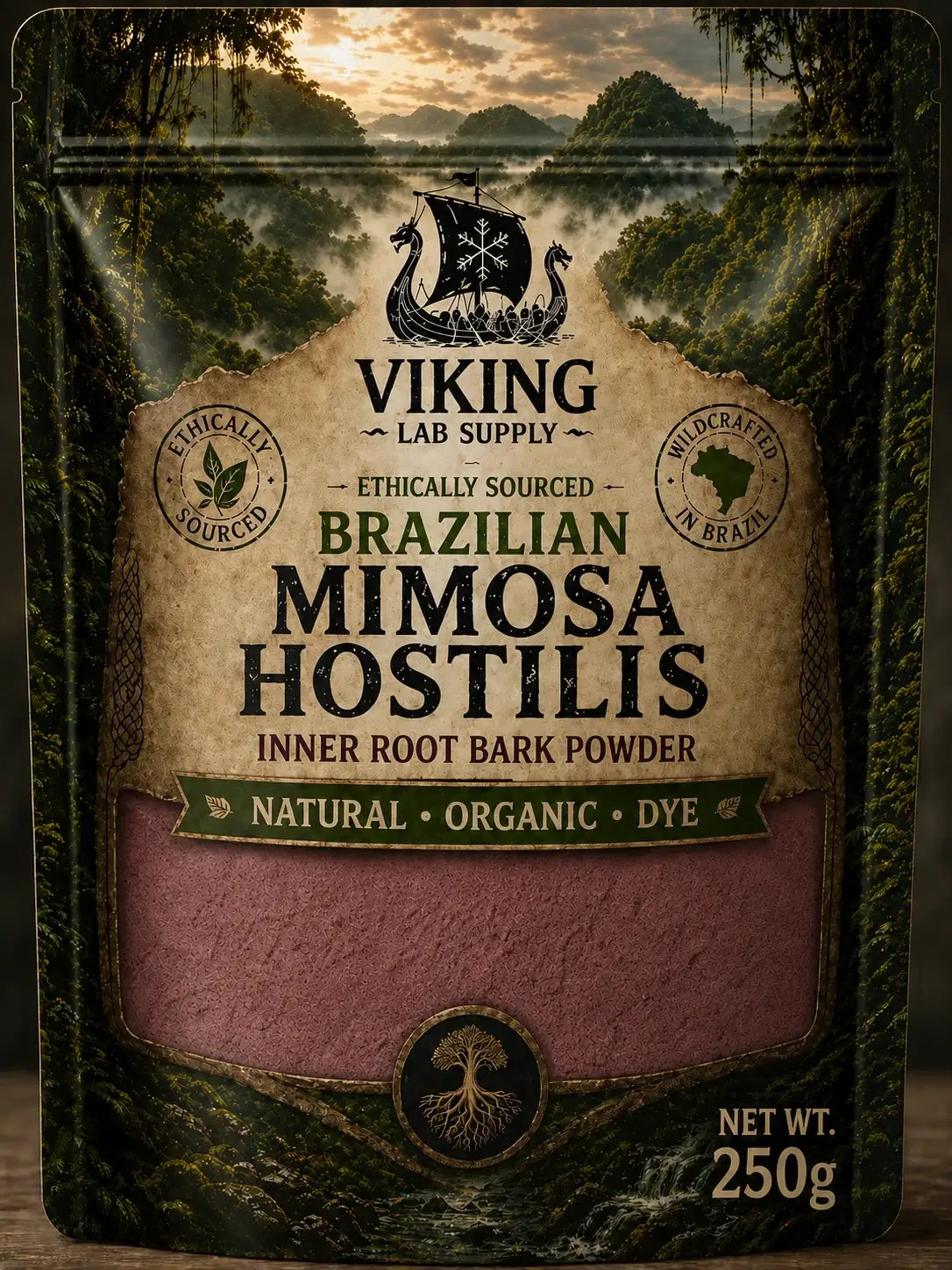 Package of mimosa hostilis root bark mhrb dye in 250g bag