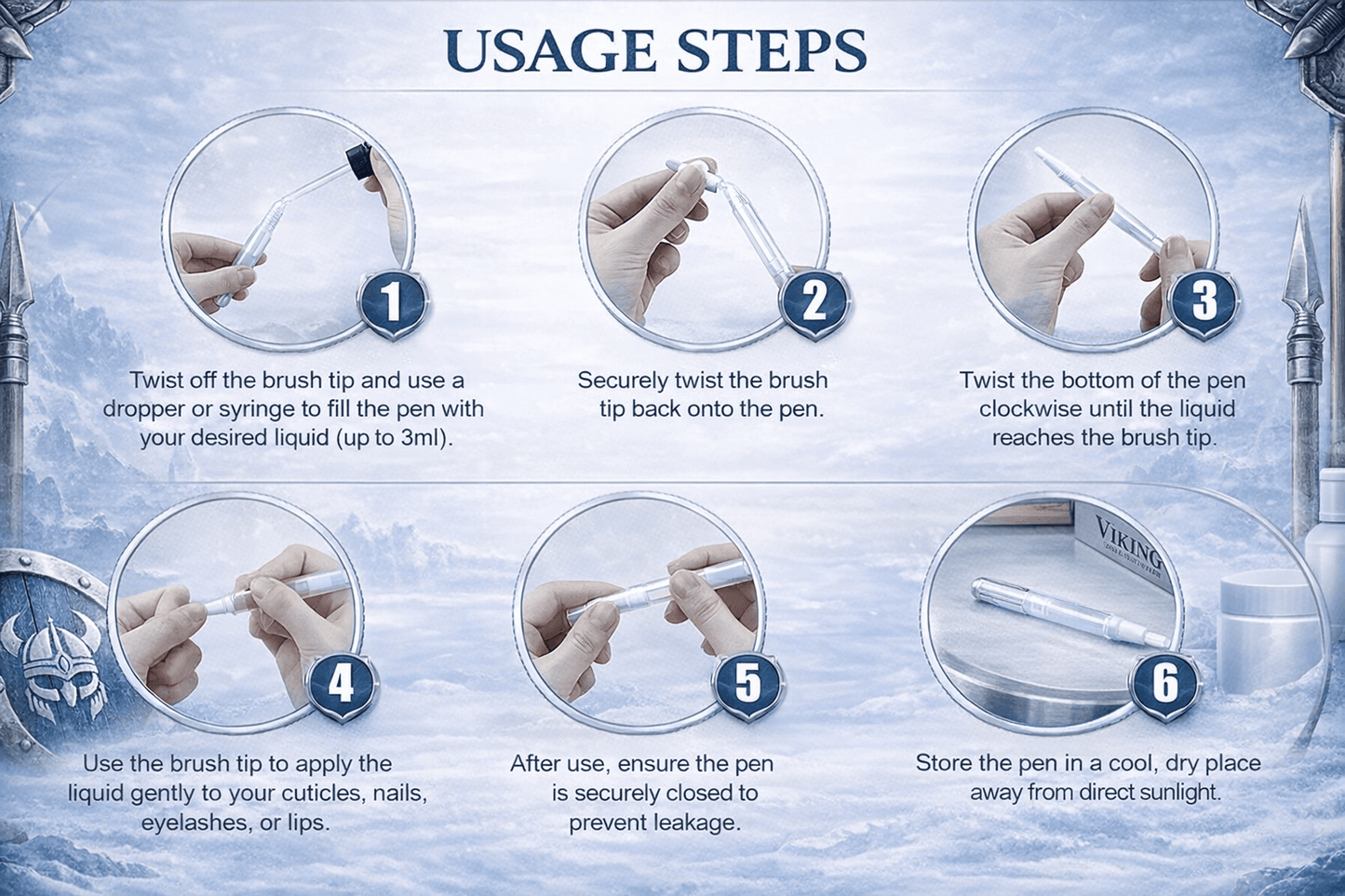 Oil Infusing Brush usage steps showing how to twist and use the brush for applying oils or liquids.