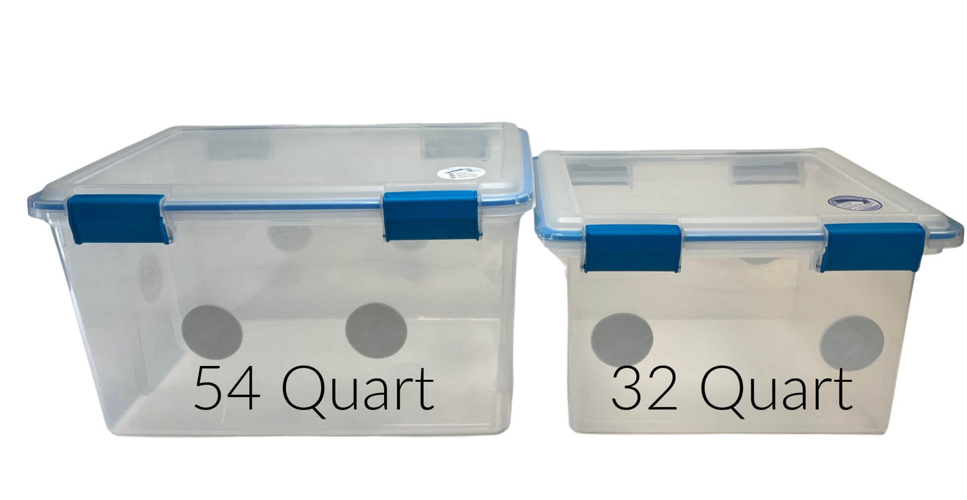 Two sizes of Mycology Fruiting Chambers with Filter Disks for controlled mushroom growing, 54 quart and 32 quart models shown.