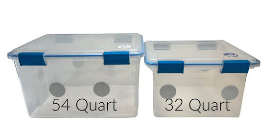 Two sizes of Mycology Fruiting Chambers with Filter Disks for controlled mushroom growing, 54 quart and 32 quart models shown.