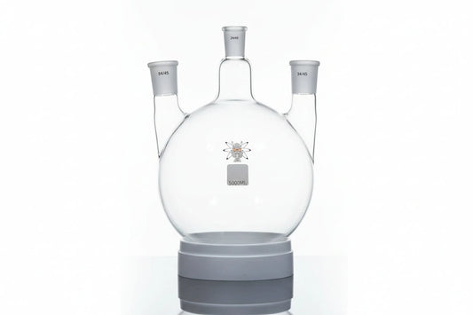 3 Neck Boiling Flasks by VIKING GLASSWORX™, made from Borosilicate 3.3 glass for laboratory distillation and reflux setups.