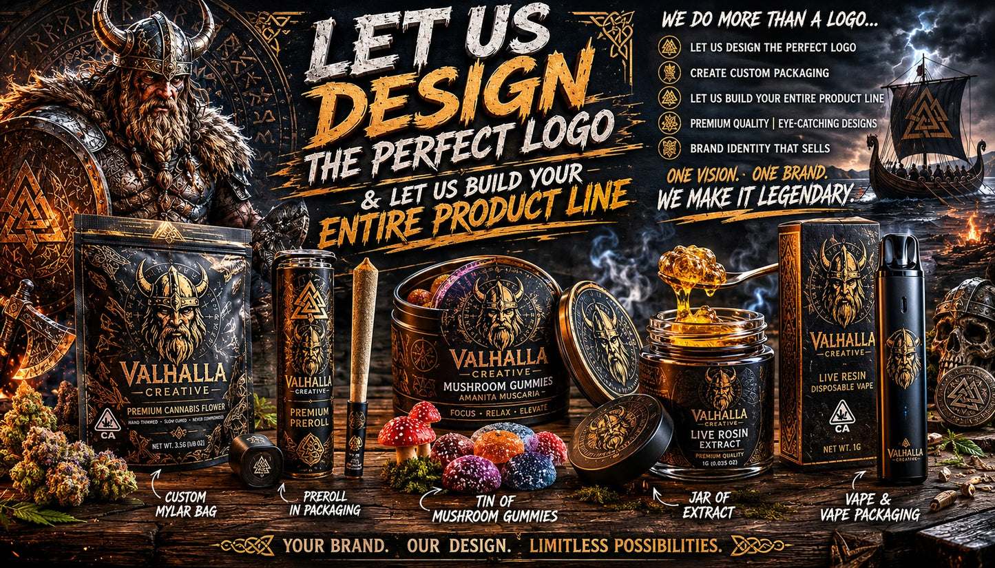 Custom brand design services by Viking GraffiX showcasing unique logo and product line design.