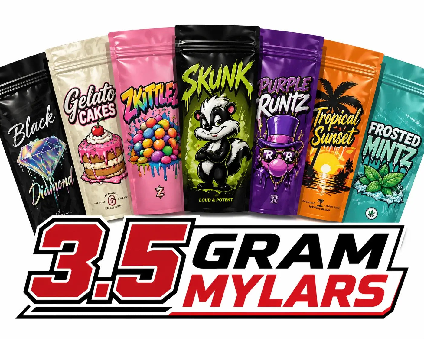 Various designs of Printed 3.5g Resealable Mylar Bags for snacks and herbs packaging displayed in a product lineup.