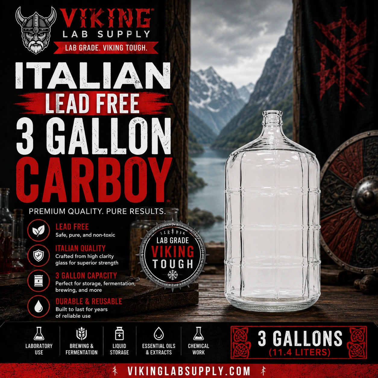 A 3 gallon Viking Lab Supply clear glass carboy bottle displayed on a rustic wooden surface with a mountain lake background. The image is a promotional graphic with text highlighting 'Italian Lead Free 3 Gallon Carboy' and features the Viking Lab Supply branding.
