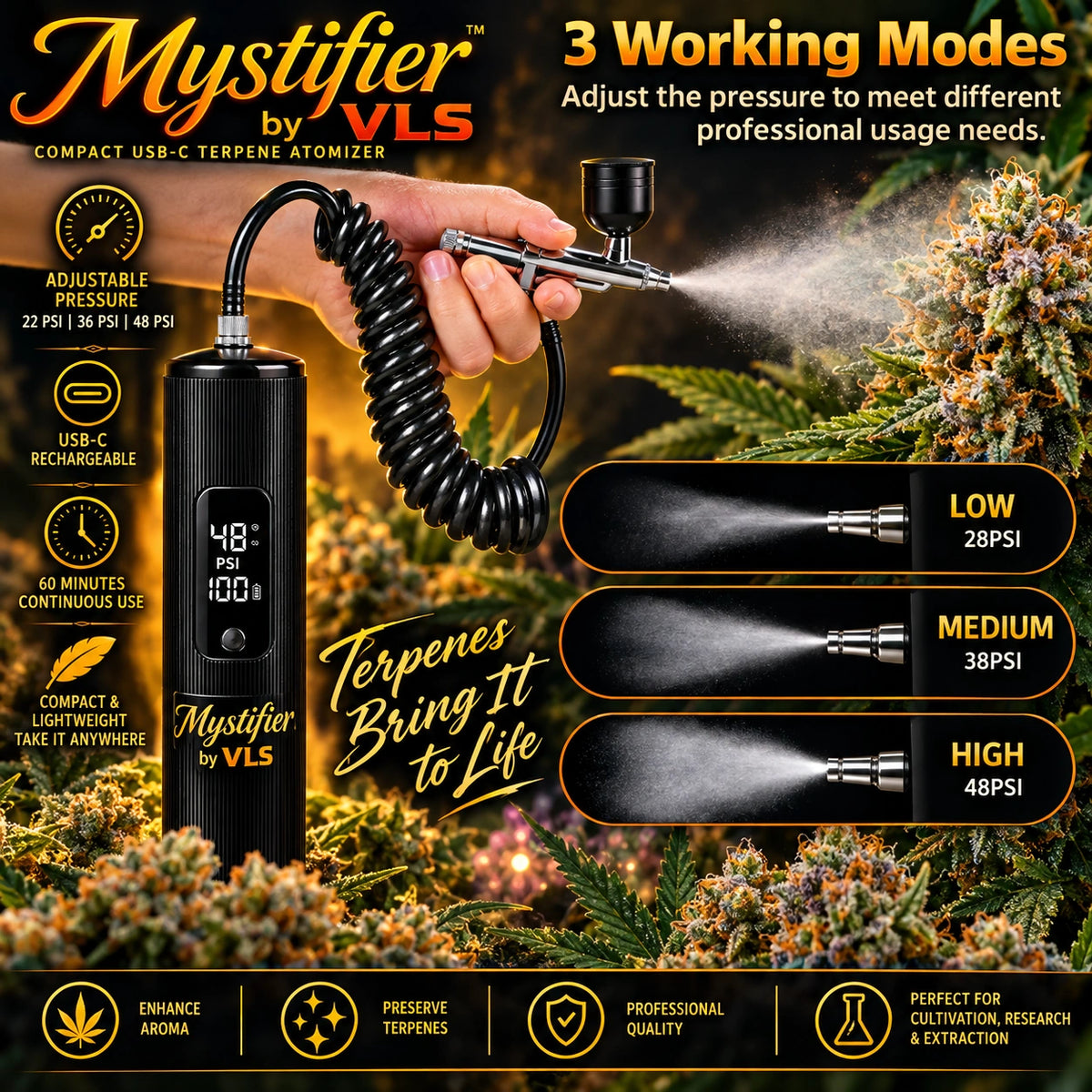 Mystifier by VLS terpene atomizer air pump shown in a promotional graphic with a hand holding the nozzle, spraying vapor