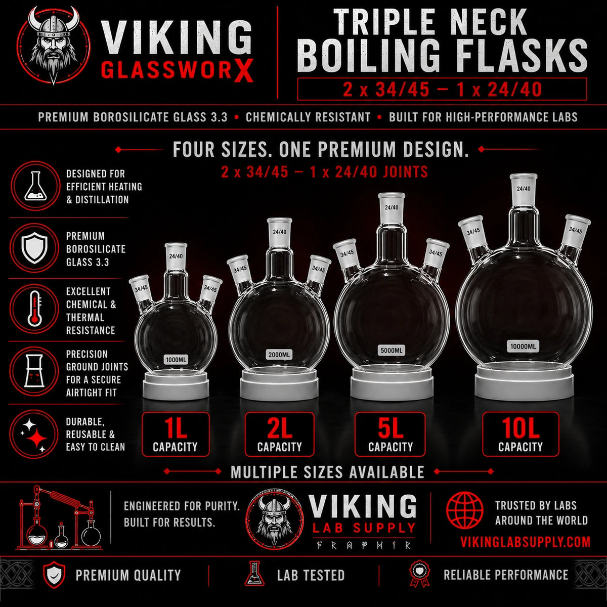 3 Neck Boiling Flasks by Viking Glassworx, showcasing multiple joint sizes, engineered for lab use with superior borosilicate glass.