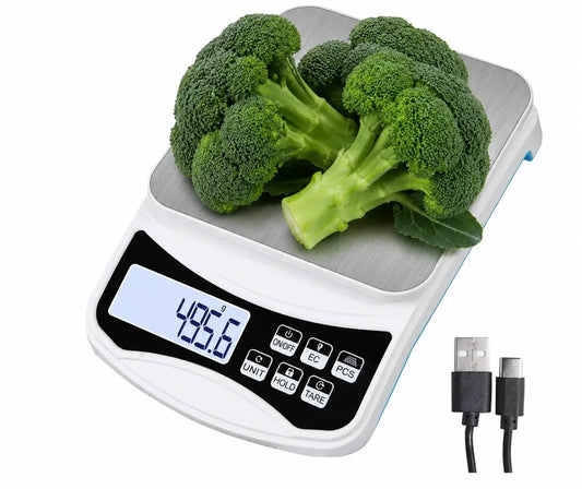 Precision Digital Scale 5000g weighing broccoli with LCD display and USB cables.