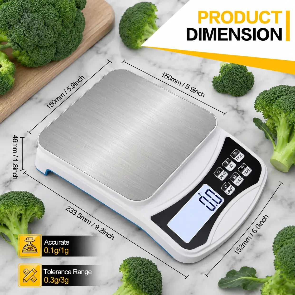 Precision Digital Scale 5000g used for broccoli portioning and kitchen applications with precise measurements.